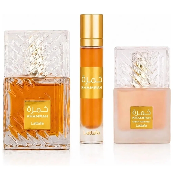Kit Perfume Unissex Lattafa Khamrah Gift Set EDP 100ml + Perfume 12ml + Perfume Capilar 50ml