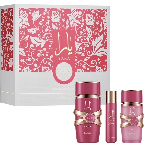 Kit Perfume Feminino Lattafa Yara Candy Gift Set EDP 100 ml + Perfume 12ml + Perfume Capilar 50ml