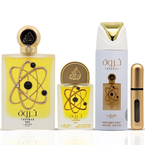 Kit Perfume Feminino Lattafa Pride Tharwah Gold EDP 100 ml + Perfume 20 ml + Desodorante Corporal
