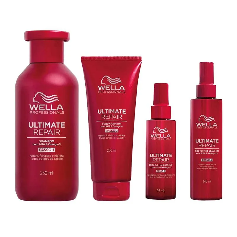 Wella Kit Professionals Ultimate Repair - 4 em 1 - Shampoo 250ML + Condicionador 200ML + Tratamento Reparador 140ML + Tratamento Protetor 30ML