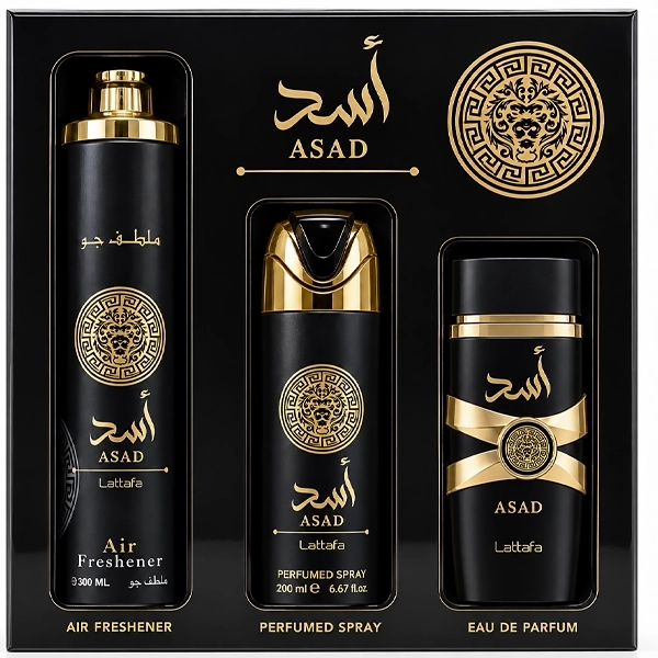 Kit Perfume Masculino Lattafa ASAD Collection EDP 100ml + Desodorante 200ml + Air Freshener 300ml